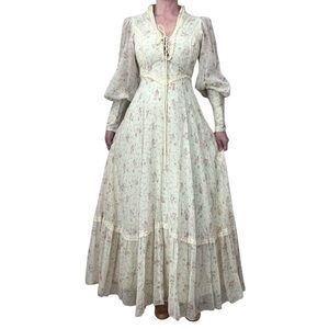 Vintage Gunne Sax Cottagecore Floral Lace Voile Bishop Sleeve Maxi Dress